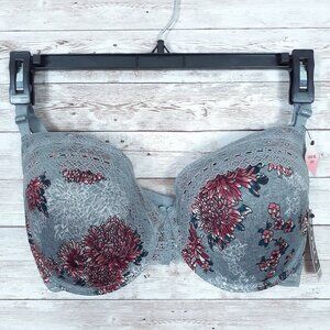 XOXO Womens Padded Push Up Bra 38DD Floral Gray Pink Lace Edge 22A